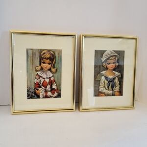 Vintage Eden Art Print On Cardboard Harlequin Girl & Sailor Girl Framed  Big Eye